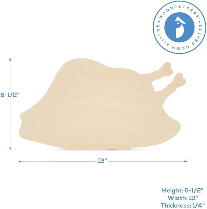 Roast Turkey Wooden Cutout 6-1/2 x 12 inches, 6 Unfinished Birch Wood Cutouts for Thanksgiving Decor and DIY Crafts, by Woodpeckers