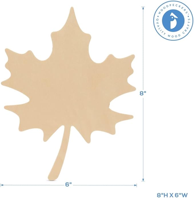 Wood Maple Leaf Cutouts 8 x 6 inch, Pack of 12 Fall Unfinished Wooden Cutouts to Paint and Display, Thanksgiving Party Decorations, by Woodpeckers