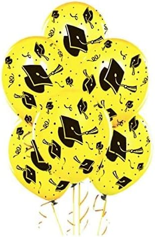 PMU 100 Pcs Yellow Graduation Balloons Class of 2025 with All-Over Print White Grad Caps-Confetti and Streamers | Graduation Party Supplies | Congratulations Grad Latex Balloons Latex