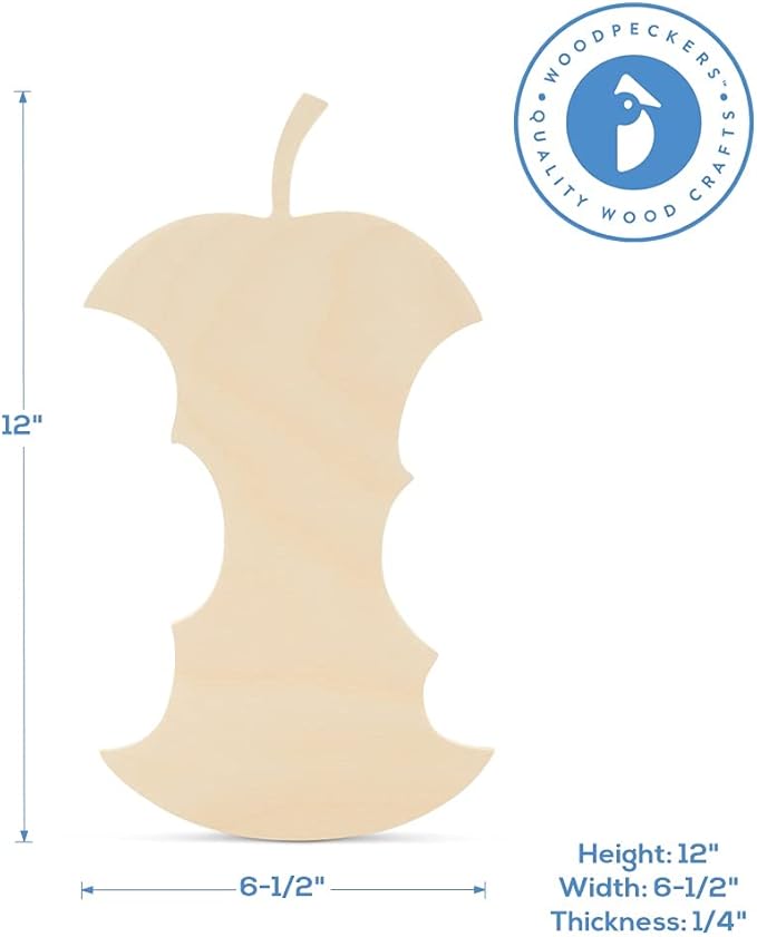 Apple Core Wooden Cutout 12 x 6-1/2 inches, 6 Unfinished Birch Wood Fruit Cutouts for Thanksgiving Decor and DIY Crafts, by Woodpeckers