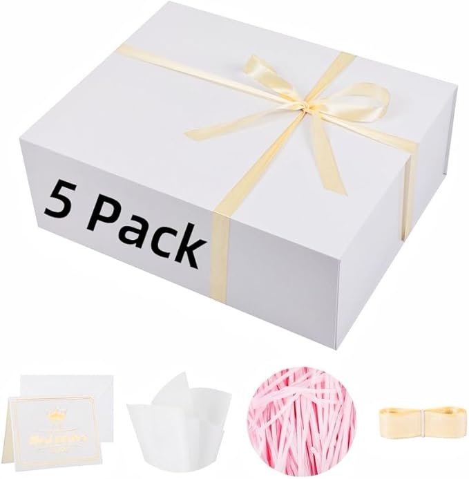 UoeRing 5 Pack Extra Large White Gift Box 20x16x7 inch Luxury Bridesmaid Box for Presents with Magnetic Closure Lid Collapsible,Contains Card, Ribbon,Tissue Paper,Shredded Paper Filler