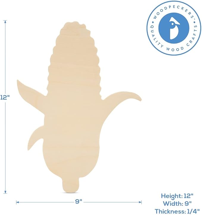 Corn on The Cob Wooden Cutout 12 x 9 inches, 6 Unfinished Birch Wood Cutouts for Thanksgiving Decor and DIY Crafts, by Woodpeckers