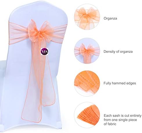 VDS Pack of 50 | Peach | Organza Chair Sashes Crystal Sheer Tulle Dining Chair Bows Tie Ribbon for Wedding Birthday Graduation Engagement Ceremony Event Party Banquet Venue Hotel Decoration