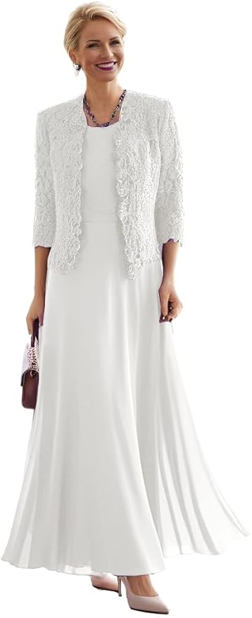 2 Pieces Mother of The Bride Dresses for Women Laces Mother of The Groom Dress 3/4 Sleeve Chiffon Formal Evening Dresses