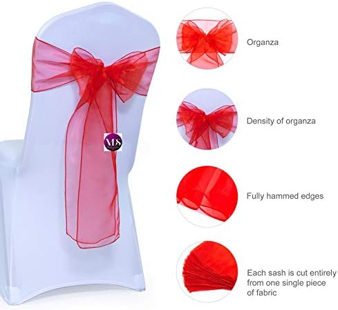 VDS Pack of 100 | Red | Organza Chair Sashes Crystal Sheer Tulle Dining Chair Bows Tie Ribbon for Wedding Birthday Graduation Engagement Ceremony Event Party Banquet Venue Hotel Decoration