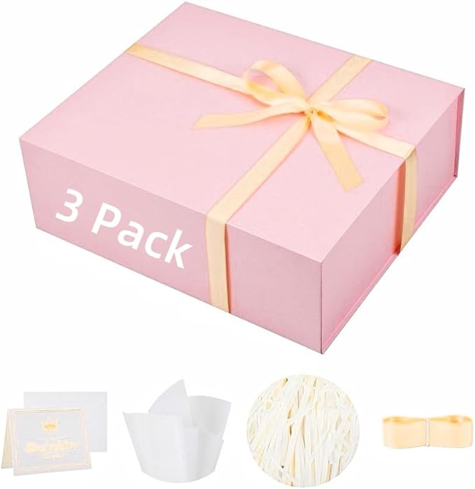UoeRing 3 Pack Extra Large Pink Gift Box 17x14.5x6 inch Luxury Gift Box for Presents with Magnetic Closure Lid Collapsible,Birthday,Christmas,Contains Card, Ribbon,Tissue Paper,Shredded Paper Filler