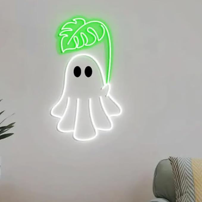 Cute Ghost Monstera Neon Sign, Cute Ghost Neon Light, Monstera Leaf Wall Art, Gifts for Plant Obsessed, Cute Plant Gifts Size:H15 x W8inches