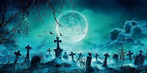 AOFOTO 15x8ft Halloween Backdrop Photography Horror Full Moon Night Scary Tombstone Graveyard Wooden Branches Backdrop for Kids Adult Family Party Birthday Banner Decor Halloween Photo Booth Prop