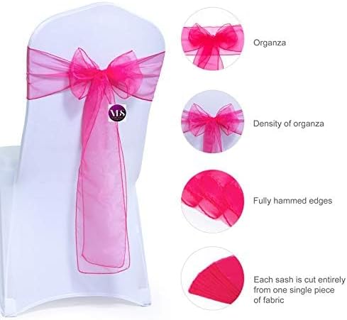 VDS Pack of 100 | Magenta | Organza Chair Sashes Crystal Sheer Tulle Dining Chair Bows Tie Ribbon for Wedding Birthday Graduation Engagement Ceremony Event Party Banquet Venue Hotel Decoration