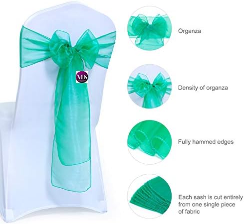 VDS Pack of 50 | Green | Organza Chair Sashes Crystal Sheer Tulle Dining Chair Bows Tie Ribbon for Wedding Birthday Graduation Engagement Ceremony Event Party Banquet Venue Hotel Decoration