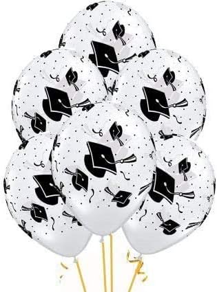PMU 100 Pcs White Graduation Balloons Class of 2025 with All-Over Print White Grad Caps-Confetti and Streamers | Graduation Party Supplies | Congratulations Grad Latex Balloons Latex