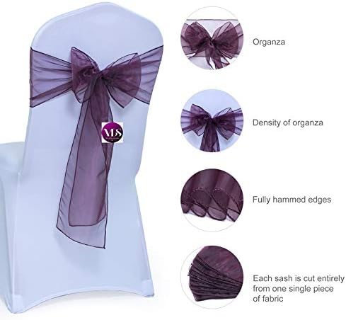 VDS Pack of 50 | Plum | Organza Chair Sashes Crystal Sheer Tulle Dining Chair Bows Tie Ribbon for Wedding Birthday Graduation Engagement Ceremony Event Party Banquet Venue Hotel Decoration
