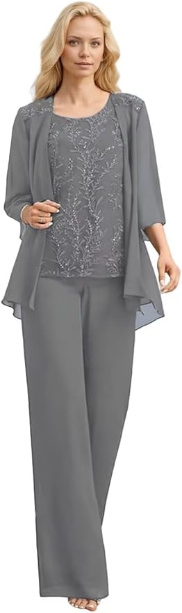 3 Pieces Mother of The Bride Pant Suits Long Laces Appliques 3/4 Sleeves Chiffon Mother of The Groom Dress