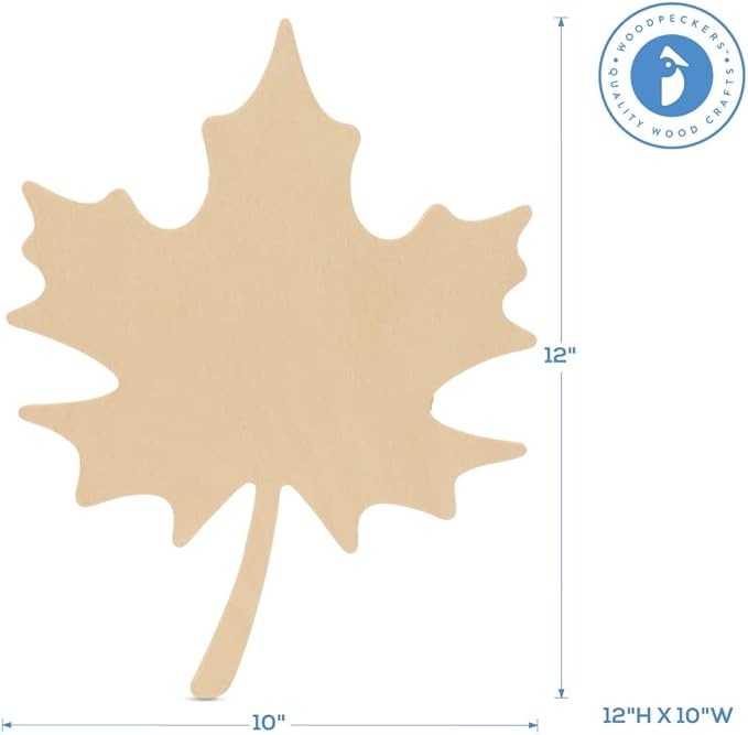 Wood Maple Leaf Cutouts 12 x 10 inch, Pack of 6 Unfinished Wooden Cutouts for Crafts, and DIY Thanksgiving Door Hangers, by Woodpeckers