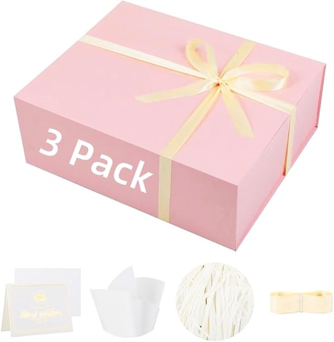 UoeRing 3 Pack Extra Large Pink Gift Box 20x16x7 inch Luxury Gift Box for Presents with Magnetic Closure Lid Collapsible,Birthday,Christmas,Contains Card, Ribbon,Tissue Paper,Shredded Paper Filler