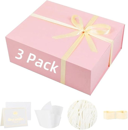 UoeRing 3 Pack Extra Large Pink Gift Box 20x16x7 inch Luxury Gift Box for Presents with Magnetic Closure Lid Collapsible,Birthday,Christmas,Contains Card, Ribbon,Tissue Paper,Shredded Paper Filler