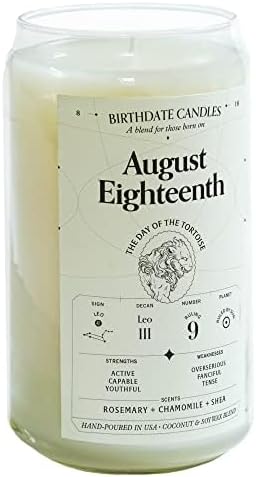 Birthdate Candles, August 18 - Leo Zodiac Scented Candles Birthday Gift - Rosemary, Chamomile & Shea Scent - All-Natural Soy & Coconut Wax, 60-80 Hour Burn Time - Made in USA