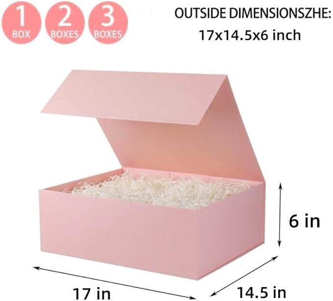 UoeRing 2 Pack Extra Large Pink Gift Box 17x14.5x6 inch Luxury Gift Box for Presents with Magnetic Closure Lid Collapsible,Birthday,Christmas,Contains Card, Ribbon,Tissue Paper,Shredded Paper Filler