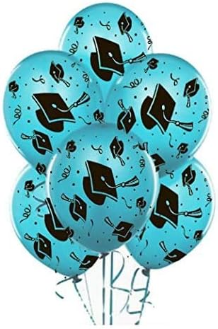 PMU 100 Pcs Turquoise Graduation Balloons Class of 2025 with All-Over Print White Grad Caps-Confetti and Streamers | Graduation Party Supplies | Congratulations Grad Latex Balloons Latex