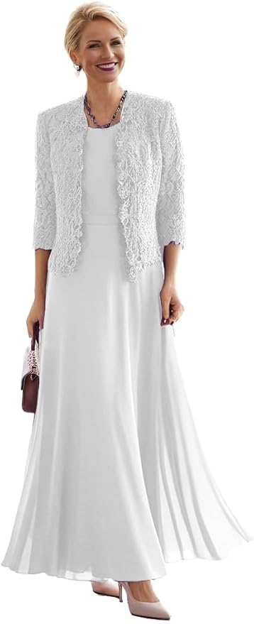 2 Pieces Mother of The Bride Dresses for Women Laces Mother of The Groom Dress 3/4 Sleeve Chiffon Formal Evening Dresses