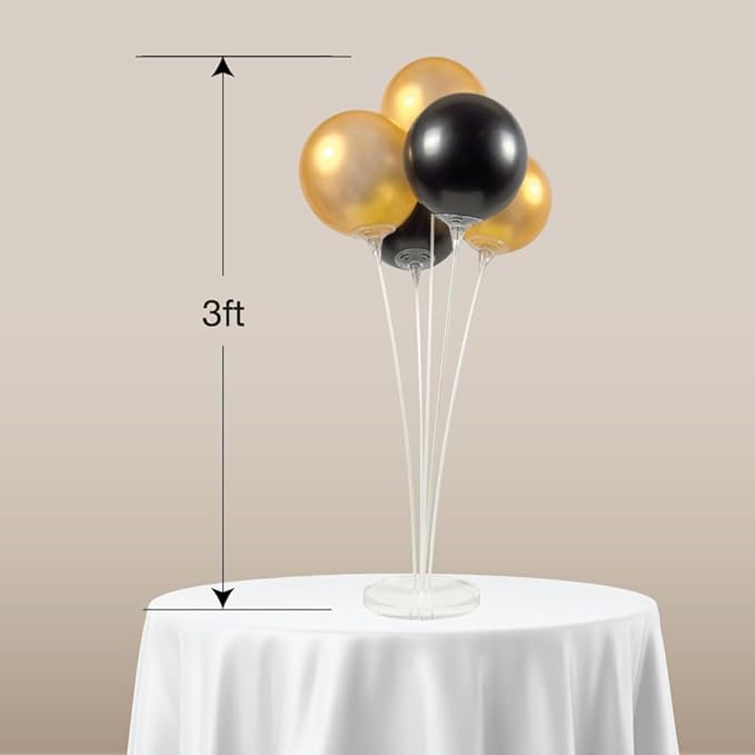 Reusable Balloon Tabletop Kit - Helium-Free Vinyl Bouquets - Lasting Inflation - Includes 5 Balloons, Stems & Acrylic Base, for Business, Schools & Events (Gold and Black)