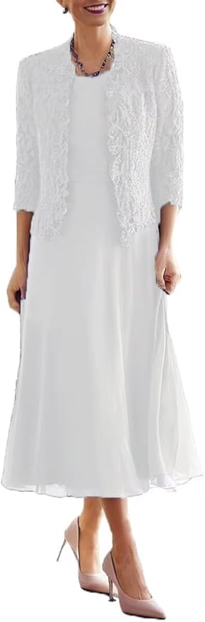 Tea Length Grandmother of The Bride Dresses with Jackets Elegant Laces Mother of Bride Dress for Wedding Guests