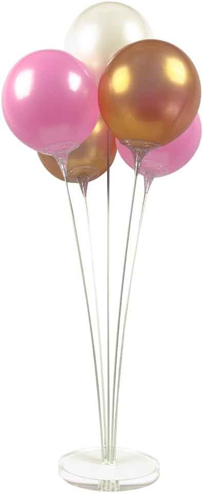 Reusable Balloon Tabletop Kit - Helium-Free Vinyl Bouquets - Lasting Inflation - Includes 5 Balloons, Stems & Acrylic Base, for Business, Schools & Events (Light Pink, Gold, White)