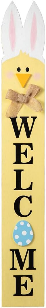 Glitzhome 42"H Wooden Double-Sided Easter Welcome Porch Sign with Bunny Ears Vertical Welcome Porch Décor Hanging Signs for Front Door or Indoor Home Decor