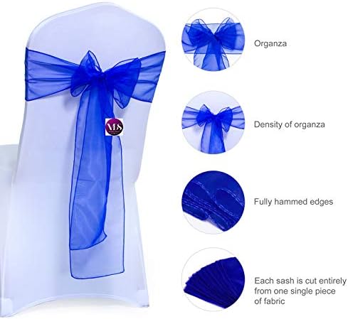 VDS Pack of 100 | Royal Blue | Organza Chair Sashes Crystal Sheer Tulle Dining Chair Bows Tie Ribbon for Wedding Birthday Graduation Engagement Ceremony Event Party Banquet Venue Hotel Decoration