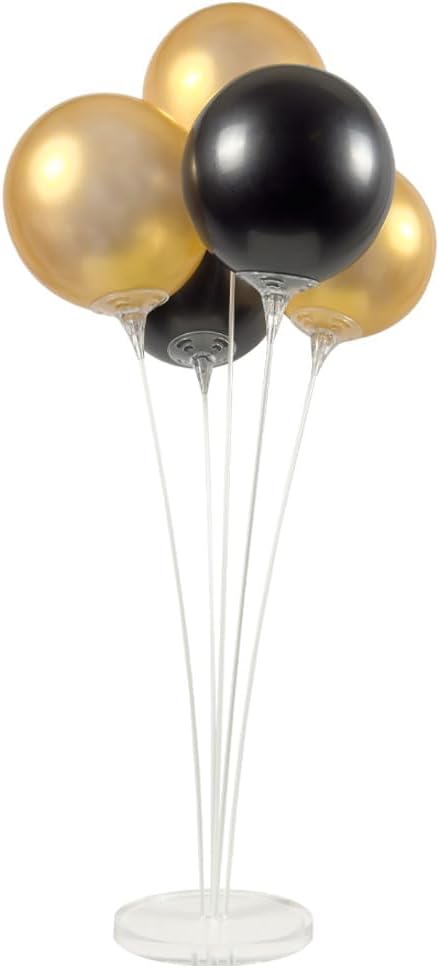 Reusable Balloon Tabletop Kit - Helium-Free Vinyl Bouquets - Lasting Inflation - Includes 5 Balloons, Stems & Acrylic Base, for Business, Schools & Events (Gold and Black)