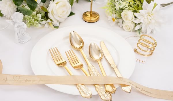 Supernal 360pcs Gold Plastic Silverware,Disposable Silvereware Heavy Duty, Gold Plastic Cutlery, 120 Plastic Forks and Spoons,Knives Perfect for Birthday, Wedding Halloween Thanksgiving Chirstmas