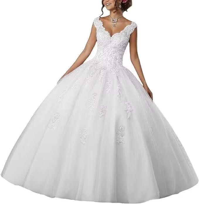 Laces Appliques Long Ball Gown Puffy Tulle Quinceanera Dresses Wedding Dresses with Sleeveless