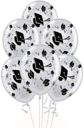 PMU 100 Pcs Silver Graduation Balloons Class of 2025 with All-Over Print White Grad Caps-Confetti and Streamers | Graduation Party Supplies | Congratulations Grad Latex Balloons Latex