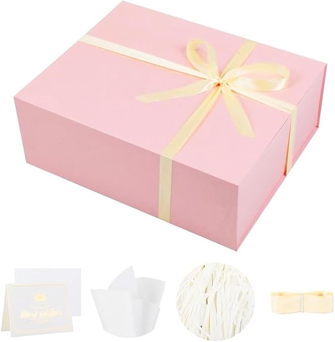 UoeRing 1 Extra Large Pink Gift Box 20x16x7 inch Luxury Gift Box for Presents with Magnetic Closure Lid Collapsible,Birthday,Christmas,Contains Card, Ribbon,Tissue Paper,Shredded Paper Filler