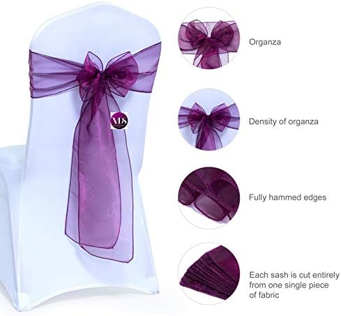 VDS Pack of 100 | Eggplant | Organza Chair Sashes Crystal Sheer Tulle Dining Chair Bows Tie Ribbon for Wedding Birthday Graduation Engagement Ceremony Event Party Banquet Venue Hotel Decoration