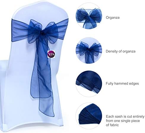 VDS Pack of 150 | Navy Blue | Organza Chair Sashes Crystal Sheer Tulle Dining Chair Bows Tie Ribbon for Wedding Birthday Graduation Engagement Ceremony Event Party Banquet Venue Hotel Decoration