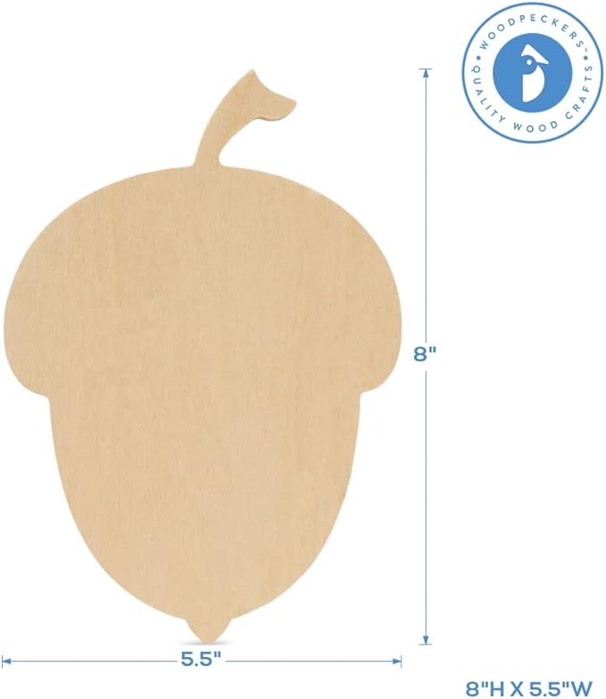 Wood Acorn Cutouts 8 x 5-1/2 inch, Pack of 12 Fall Unfinished Wood Cutouts to Paint and Display, Thanksgiving Party Decorations, by Woodpeckers
