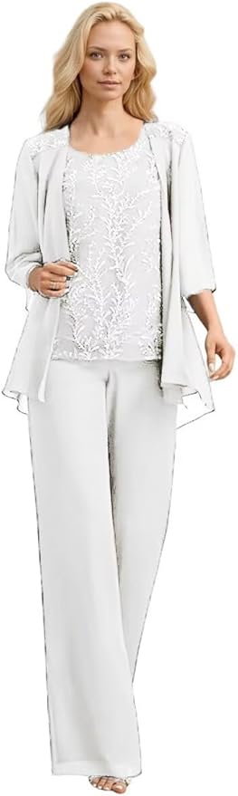 3 Pieces Mother of The Bride Pant Suits Long Laces Appliques 3/4 Sleeves Chiffon Mother of The Groom Dress