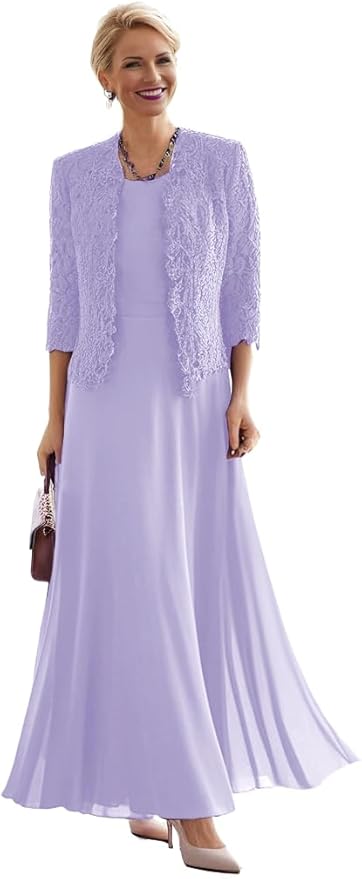 2 Pieces Mother of The Bride Dresses for Women Laces Mother of The Groom Dress 3/4 Sleeve Chiffon Formal Evening Dresses