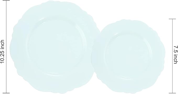 WDF 60pcs Mint Green Plastic Plates - Baroque Dinner Plates Including 30 Green Plates Disposable10.25inch, 30 Dessert Plates 7.5inch for Upscale Wedding, Parties