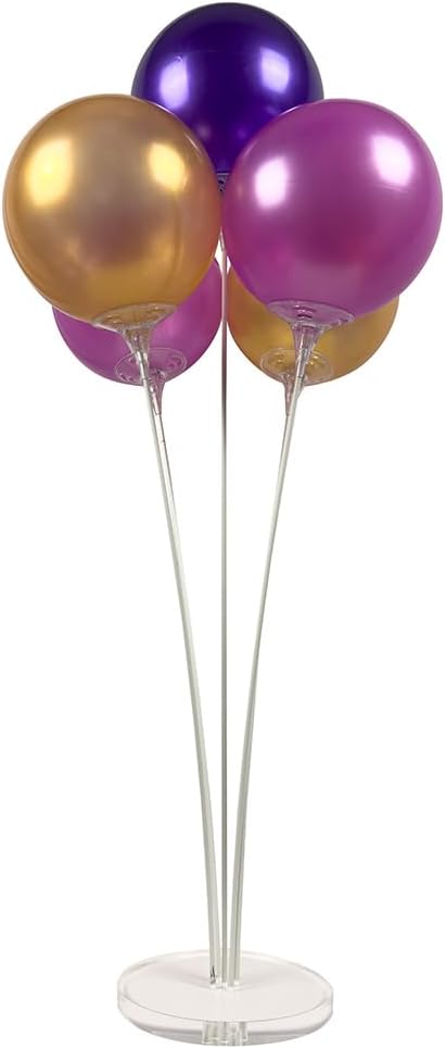 Reusable Balloon Tabletop Kit - Helium-Free Vinyl Bouquets - Lasting Inflation - Includes 5 Balloons, Stems & Acrylic Base, for Business, Schools & Events (Purple and Gold)