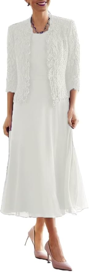 Tea Length Grandmother of The Bride Dresses with Jackets Elegant Laces Mother of Bride Dress for Wedding Guests