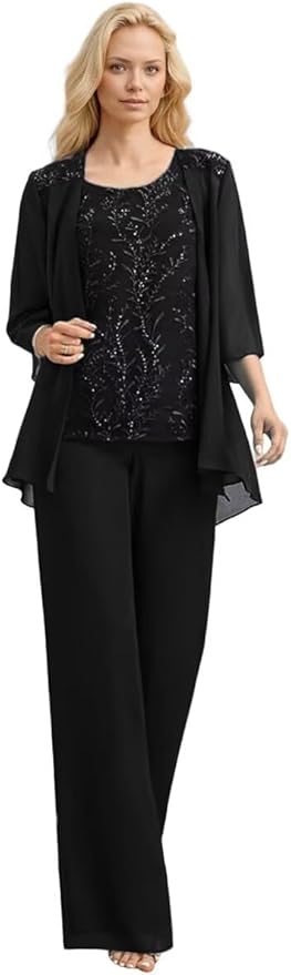 3 Pieces Mother of The Bride Pant Suits Long Laces Appliques 3/4 Sleeves Chiffon Mother of The Groom Dress