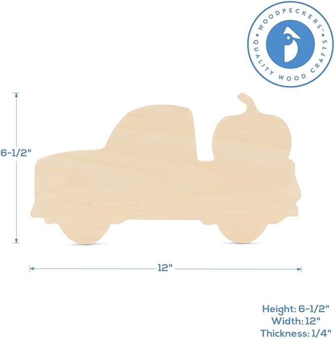 Pumpkin Truck Wooden Cutout 6-1/2 x 12 inches, 6 Unfinished Birch Wood Cutouts for Halloween Decor and DIY Crafts, by Woodpeckers
