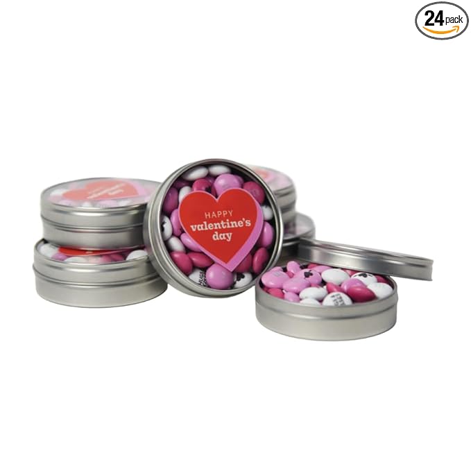 M&M'S WORLD Valentine's Day Favor Tins Set of 24 with Pre-Designed Pink and White Candies for Valentine's Parties and Gifts