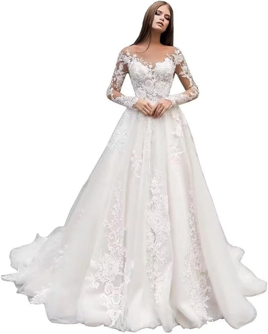 Boho Lace Wedding Dresses for Bride 2026 Tulle Long Sleeve Wedding Dress Ball Gowns Satin Mermaid Bridal Gown
