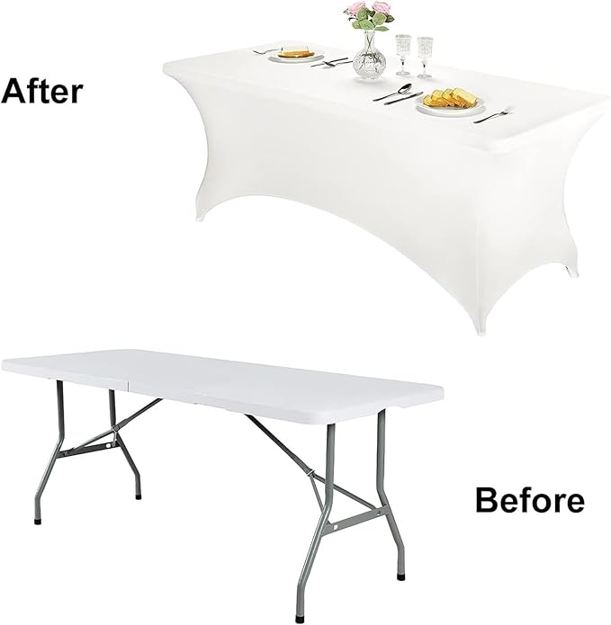 FORLIFE 6Pack Spandex Table Covers 6ft，Fitted Tablecloth for 6ft Rectangular Tables, Stretch Patio Table Covers, Universal Spandex Table Cover for Wedding, Banquet, Party - White