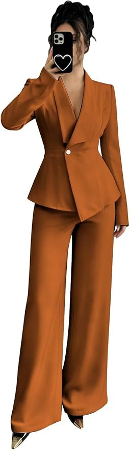 Pant Suits for Women Dressy 2 Piece Womens Pantsuit Long Sleeve Lapel V-Neck Formal Outfit for Wedding Guest