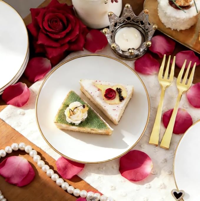 Festiva 200Pcs Gold Dessert Plates 6.3" with Forks 5"- Small Disposable Dessert/Cake/Appetizer Plates Plates- serve 100 guests include 100Plates 100Forks for Wedding & Easter Party &Valentine's Day