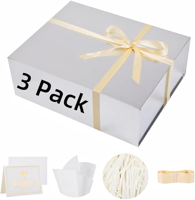 UoeRing 3 Pack Extra Large Silver Gift Box 20x16x7 inch Luxury Gift Box for Presents with Magnetic Closure Lid Collapsible,Birthday,Christmas,Contains Card, Ribbon,Tissue Paper,Shredded Paper Filler